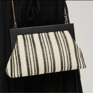 Black & Cream Striped Frame-Top Shoulder Clutch